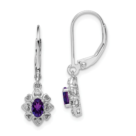 Sterling Silver Drop Earrings with Amethyst, Heart and Diamond Accents, Leverback Design
