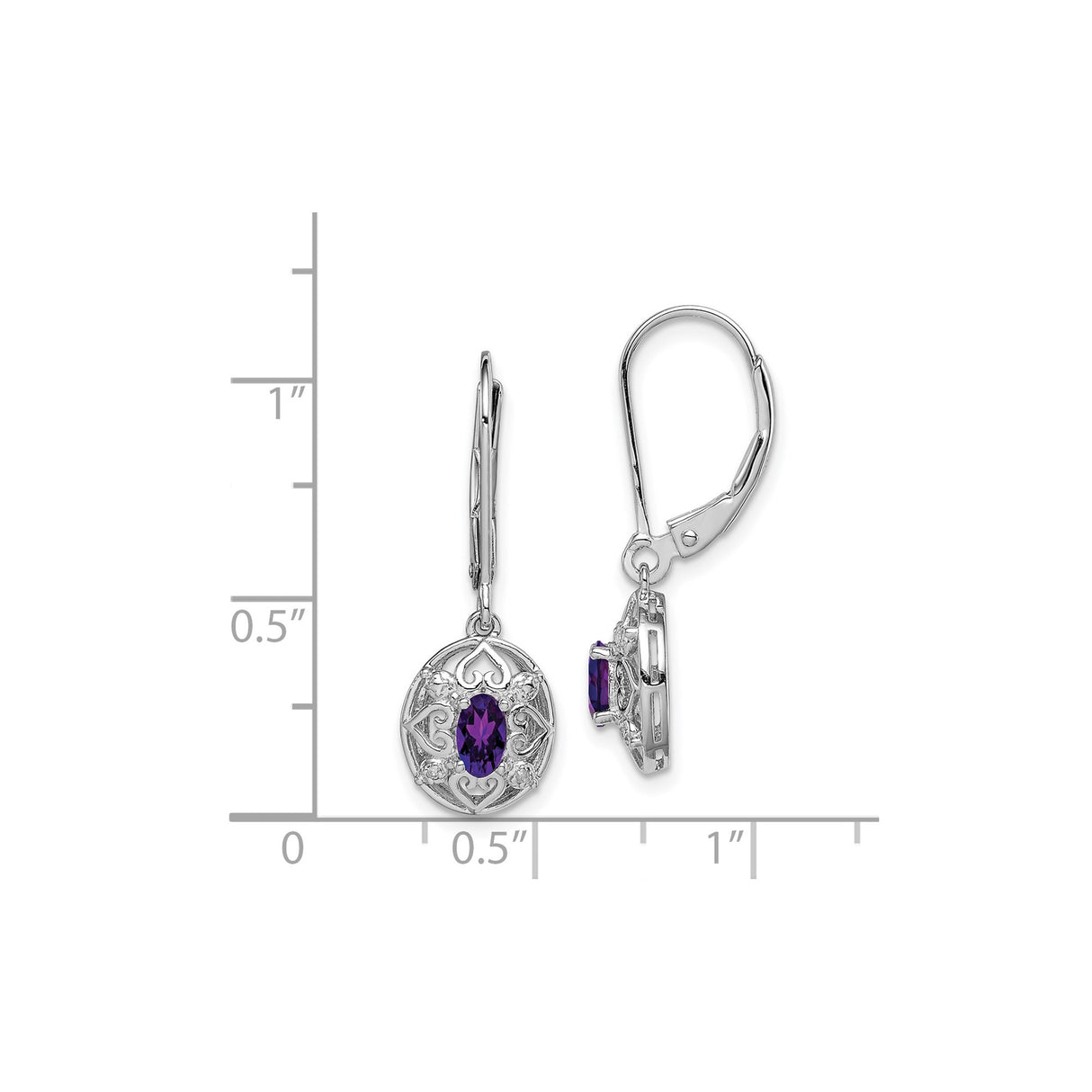 Sterling Silver Dangle Earrings with Oval Amethyst, Filigree Heart and Scroll Motif, Diamond Accents