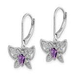 Sterling Silver Butterfly Drop Earrings with Amethyst and Diamond, Filigree Wings Design