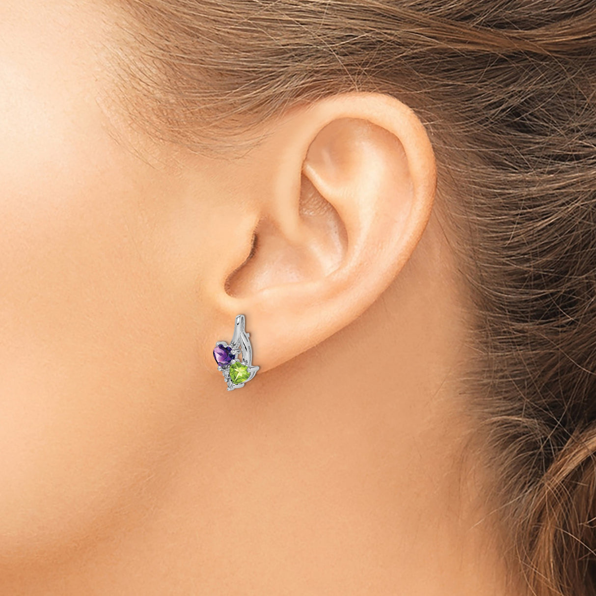 Sterling Silver Heart Stud Earrings with Amethyst and Peridot Accents