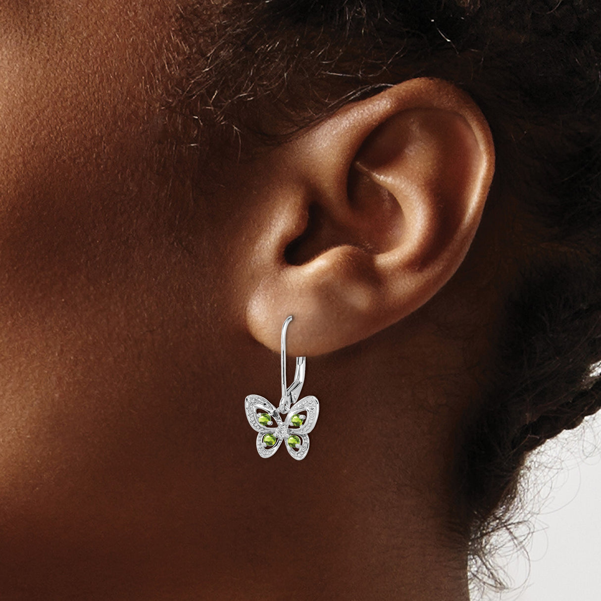 Sterling Silver Butterfly Dangle Earrings with Peridot and Diamond, Filigree Nature-Inspired Design