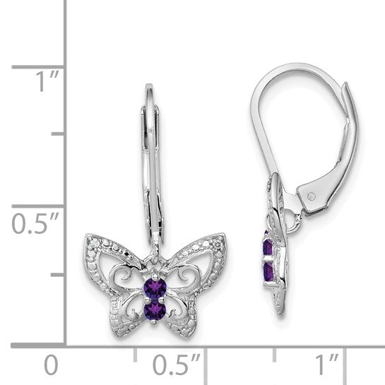 Sterling Silver Butterfly Dangle Earrings with Amethyst and Diamond, Filigree Nature-Inspired Design