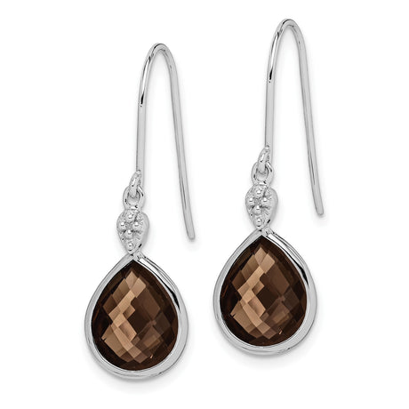 Sterling Silver Dangle Earrings with Smoky Quartz Teardrop and Diamond Accents, Vintage Floral Design