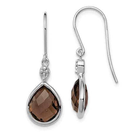Sterling Silver Dangle Earrings with Smoky Quartz Teardrop and Diamond Accents, Vintage Floral Design