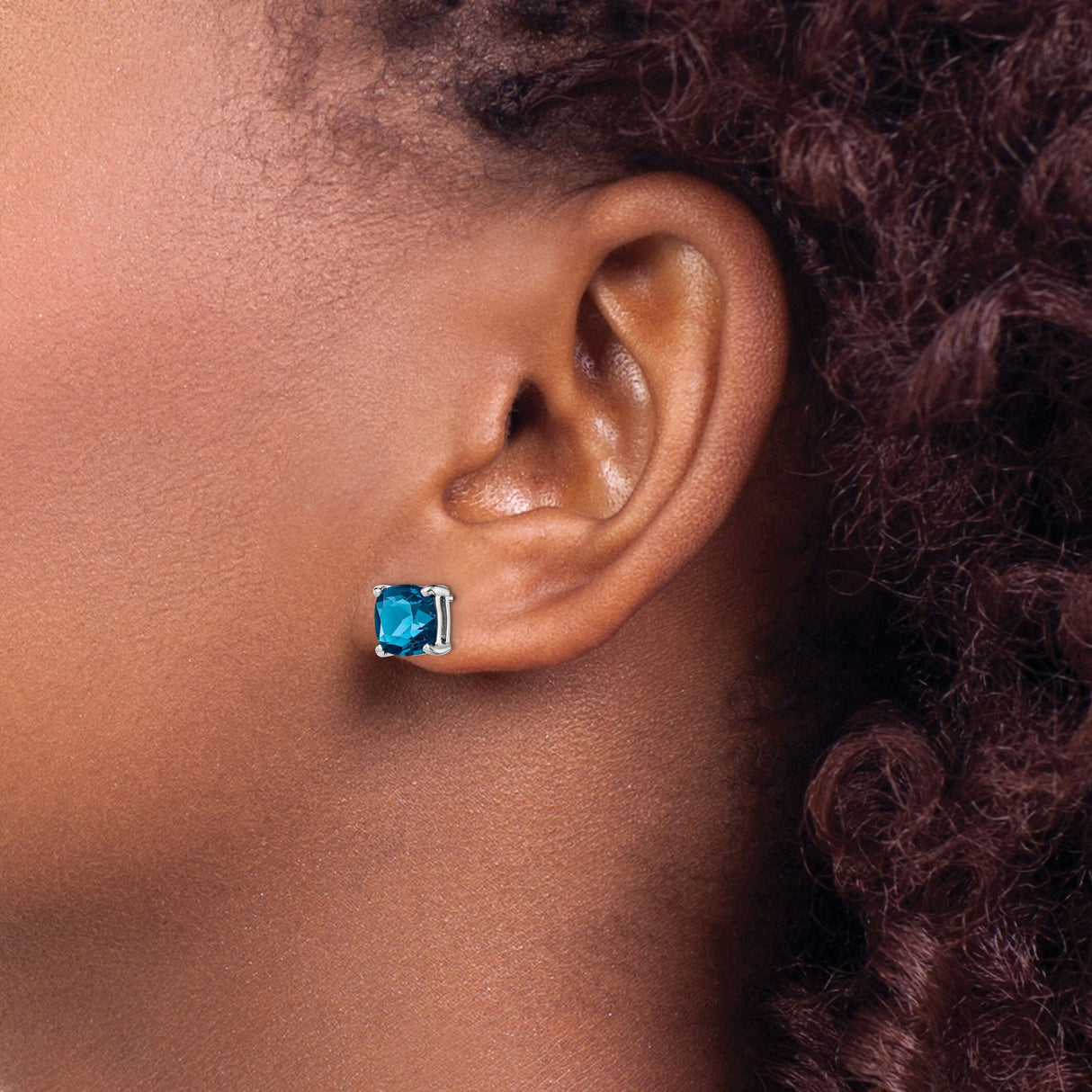 Sterling Silver Stud Earrings with Cushion Cut London Blue Topaz, Four Prong Setting