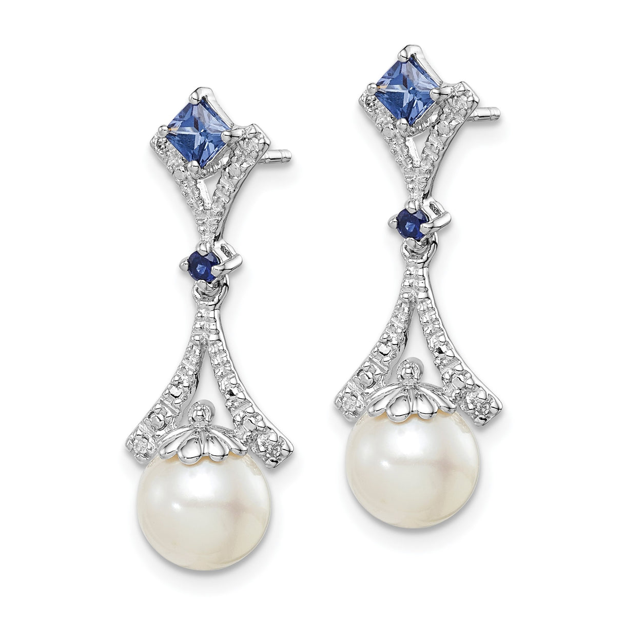 Sterling Silver Drop Earrings with Cultured Pearls, Blue Sapphires, and Diamonds, Vintage Style