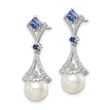 Sterling Silver Drop Earrings with Cultured Pearls, Blue Sapphires, and Diamonds, Vintage Style