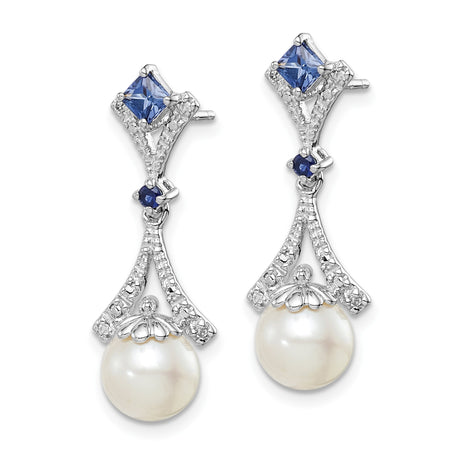 Sterling Silver Drop Earrings with Cultured Pearls, Blue Sapphires, and Cubic Zirconia, Vintage Style