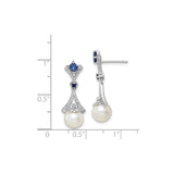 Sterling Silver Drop Earrings with Cultured Pearls, Blue Sapphires, and Diamonds, Vintage Style