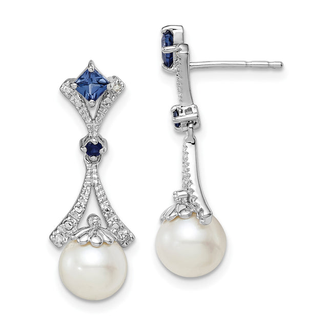 Sterling Silver Drop Earrings with Cultured Pearls, Blue Sapphires, and Cubic Zirconia, Vintage Style