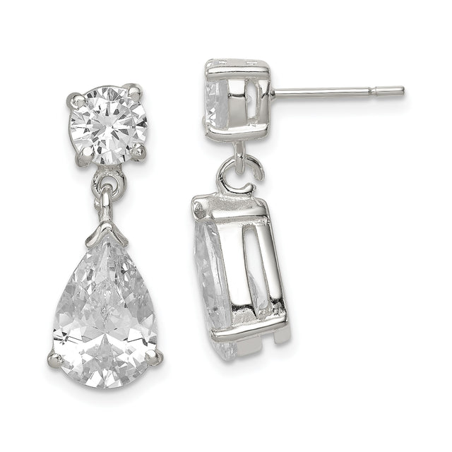 Sterling Silver Drop Earrings with Round and Pear Cubic Zirconia, Classic Dangle Design