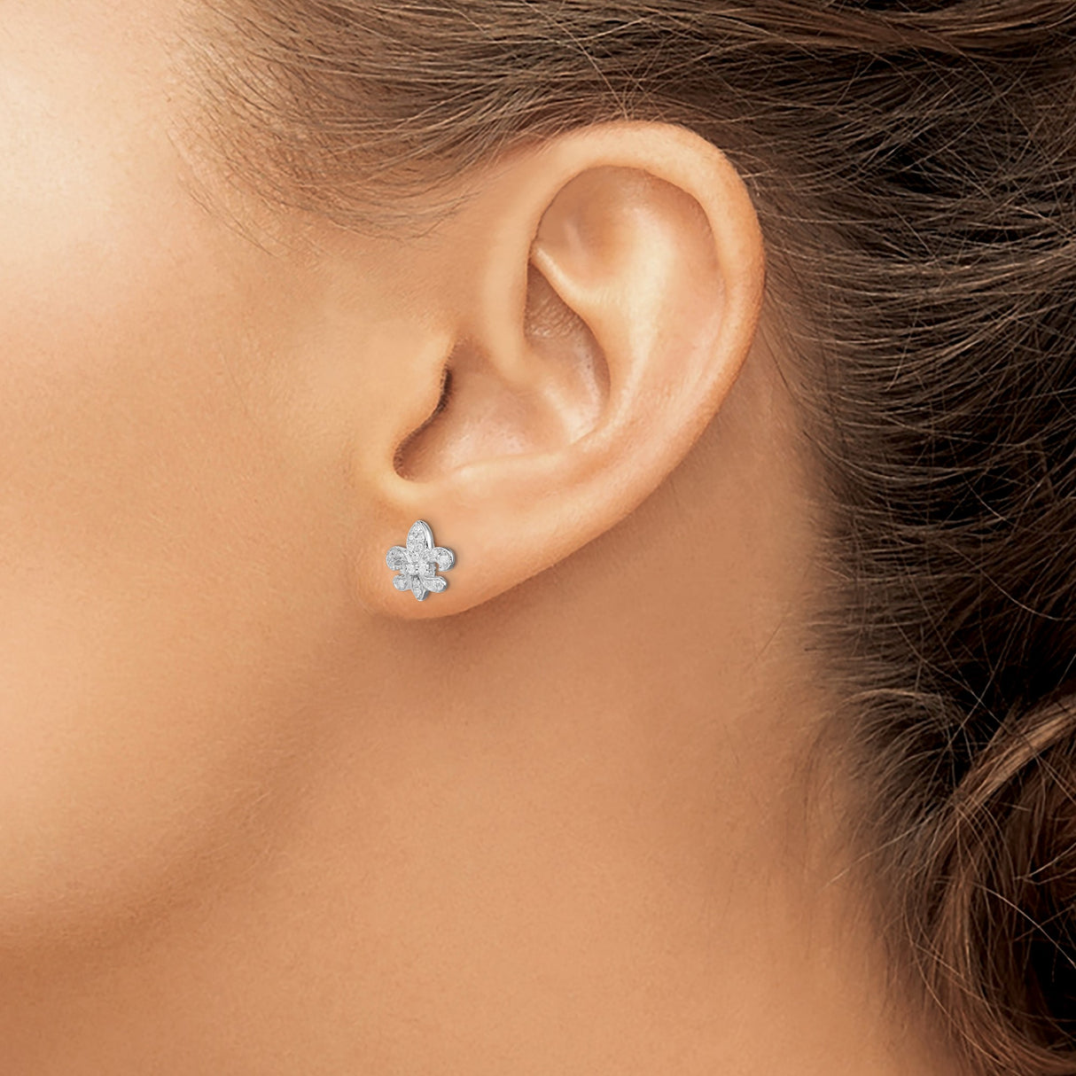 Sterling Silver Fleur-de-Lis Stud Earrings with Cubic Zirconia Accents for Women