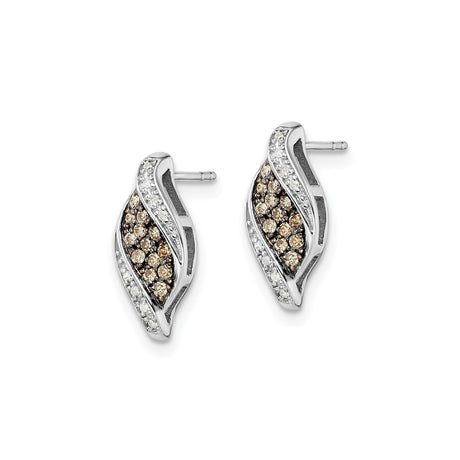 Sterling Silver Stud Earrings with Brown and White Cubic Zirconia, Twisted Wave Design