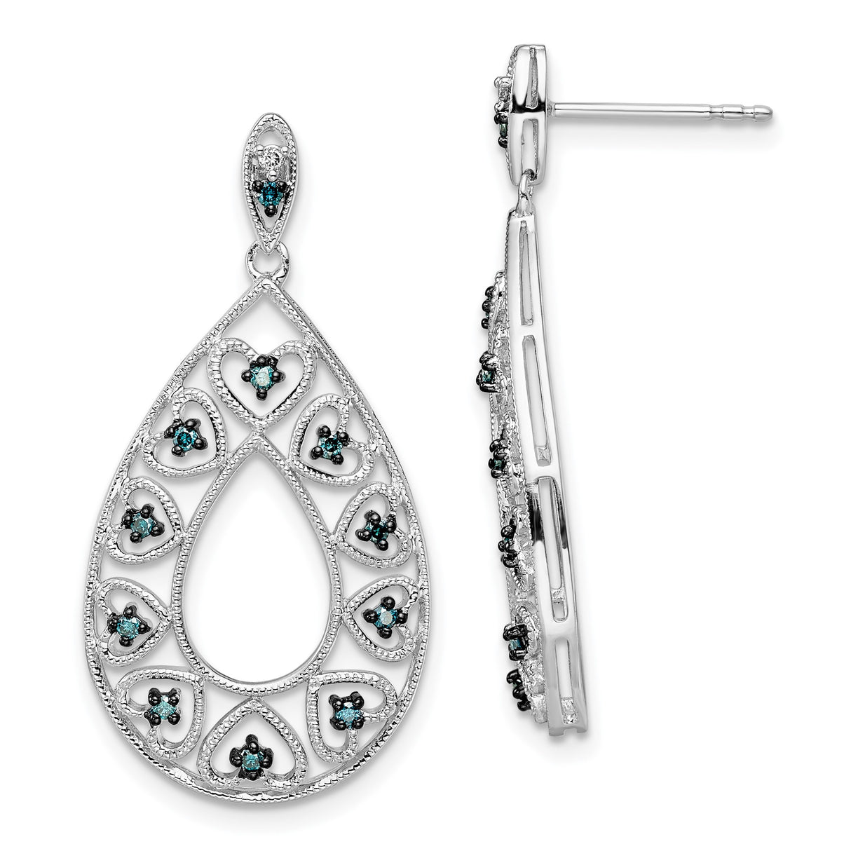 Sterling Silver Teardrop Dangle Earrings with Diamond and Openwork Heart Design