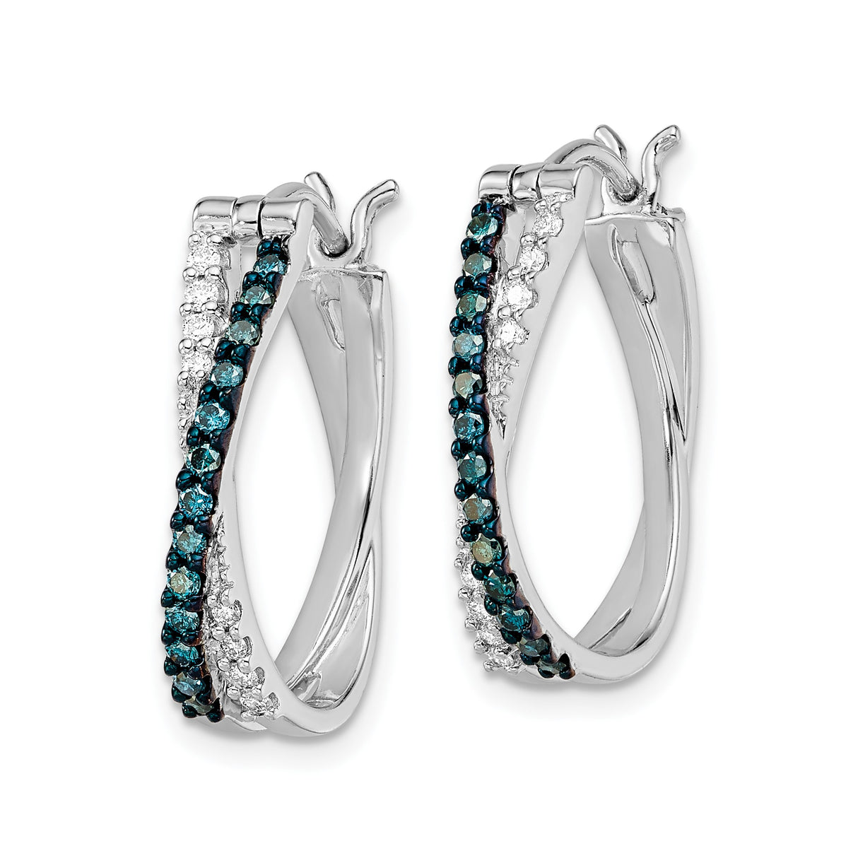 Sterling Silver Hoop Earrings with Blue and White Diamonds, Twisted Crossover Design