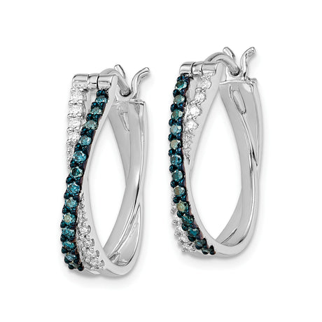 Sterling Silver Hoop Earrings with Blue and White Diamonds, Twisted Crossover Design