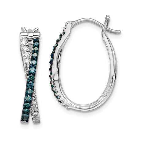 Sterling Silver Hoop Earrings with Blue and White Diamonds, Twisted Crossover Design