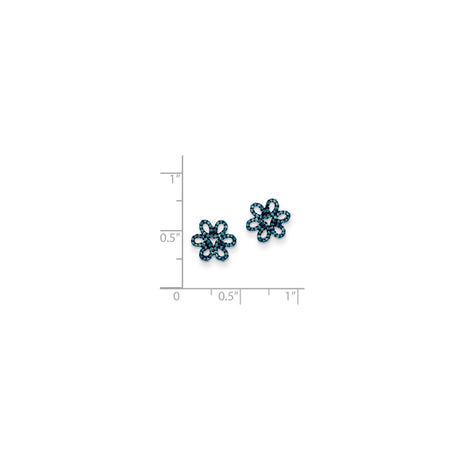Sterling Silver Flower Stud Earrings with Blue Diamond, Open Petal Floral Design