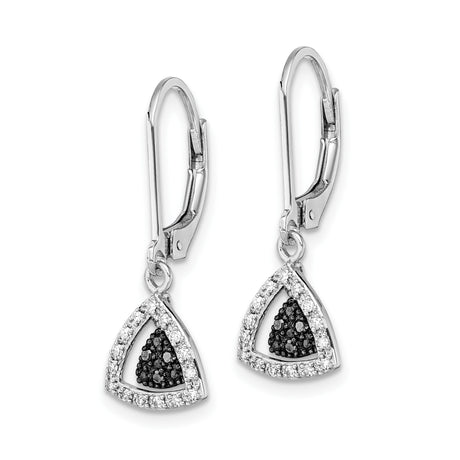 Sterling Silver Dangle Earrings with Black and White Diamond Pave Triangle Design