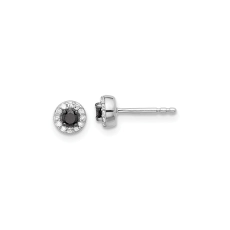 Sterling Silver Stud Earrings with Round Black Gemstone Center and Clear Halo Stones, Classic Halo Design for Women, Elegant Silver Jewelry for Formal Wear, Timeless Everyday Fashion Studs