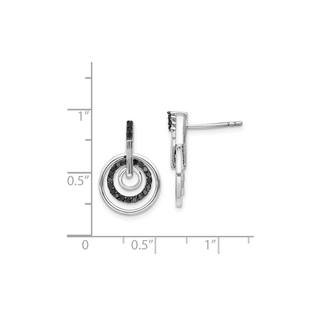Sterling Silver Drop Earrings with Black Diamond, Textured Double Circle Design