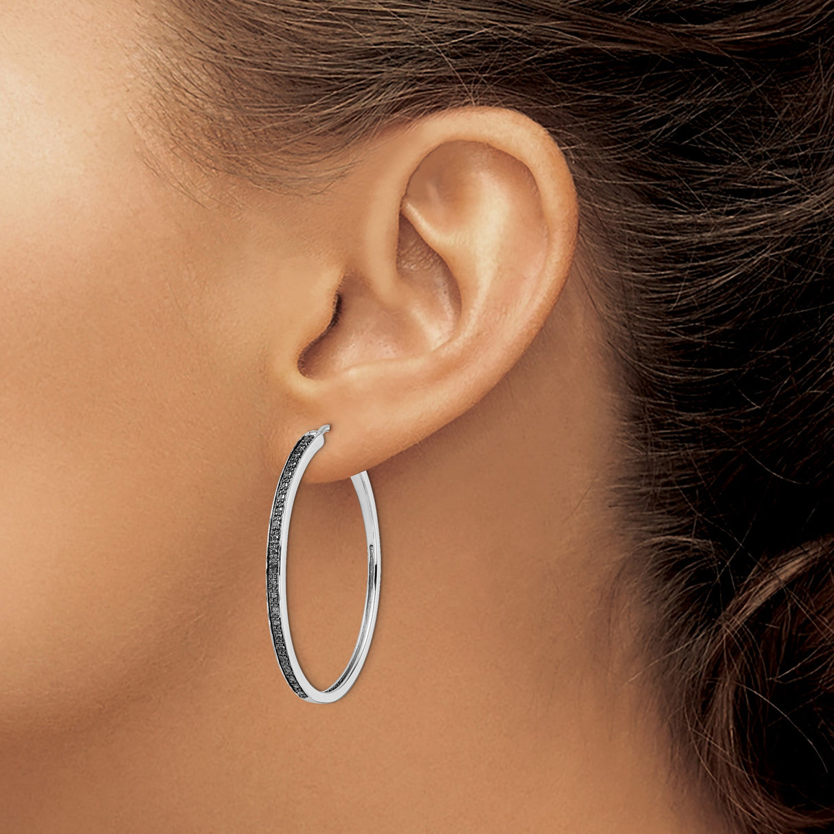 Sterling Silver Hoop Earrings with Black Diamond Accents, Sleek Modern Design for Women