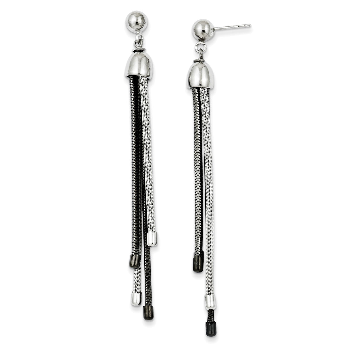 Sterling Silver Dangle Earrings with Black and Silver Snake Chain Tassels, Modern Minimalist Design
