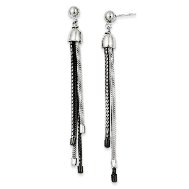 Sterling Silver Dangle Earrings with Black and Silver Snake Chain Tassels, Modern Minimalist Design