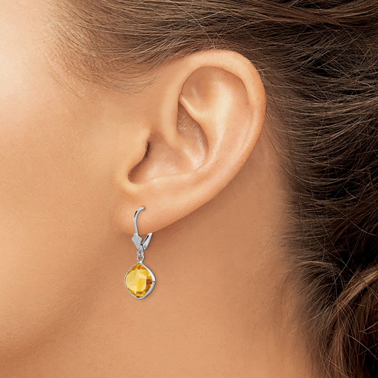 Sterling Silver Dangle Earrings with Cushion Cut Citrine, Bezel Setting, Leverback Closure