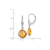 Sterling Silver Dangle Earrings with Cushion Cut Citrine, Bezel Setting, Leverback Closure