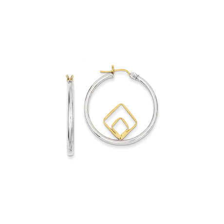 Sterling Silver Hoop Earrings with Interlocking Gold-Tone Geometric Accents, Modern Minimalist Design