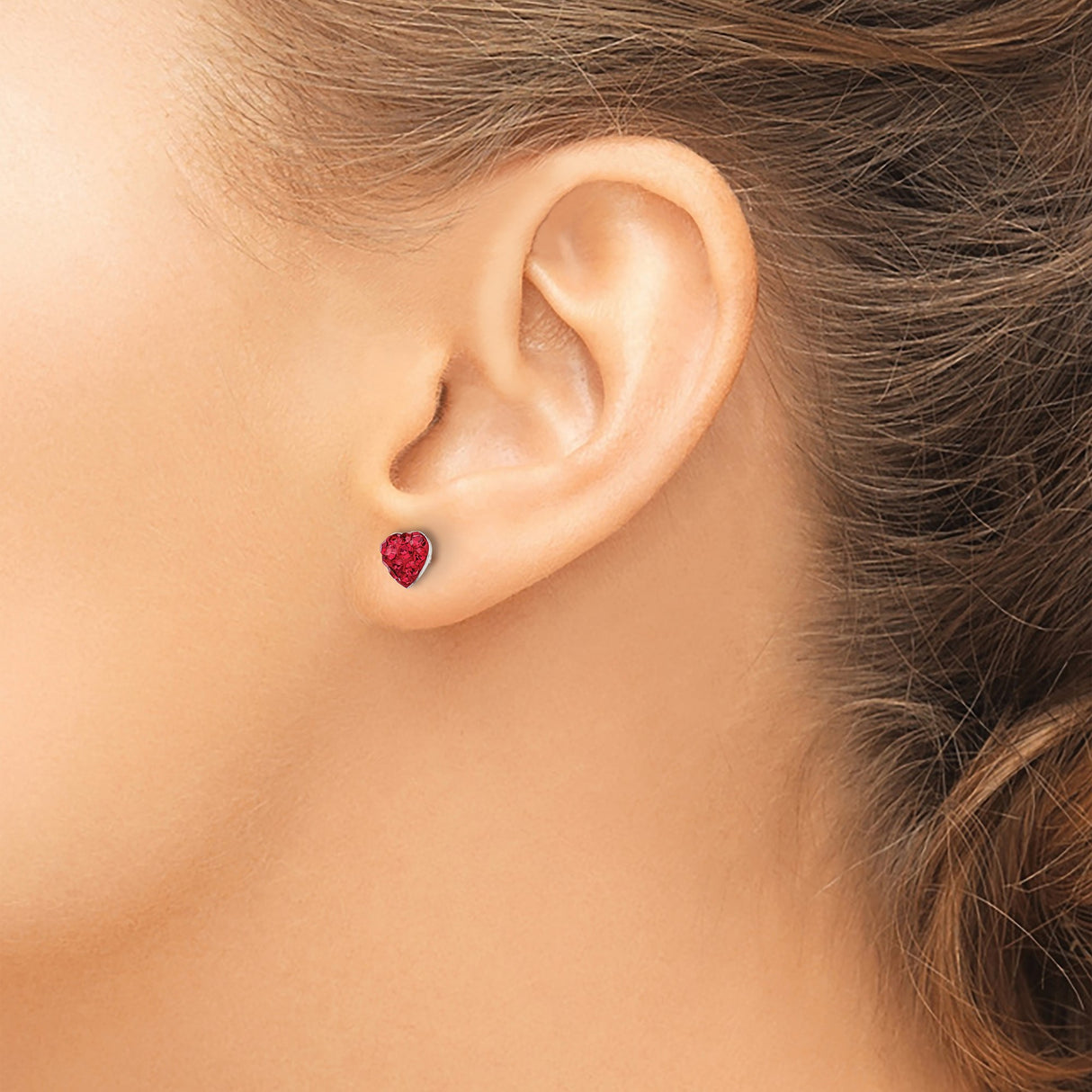 Sterling Silver Heart Stud Earrings with Red Crystal Accents, Romantic Design for Women