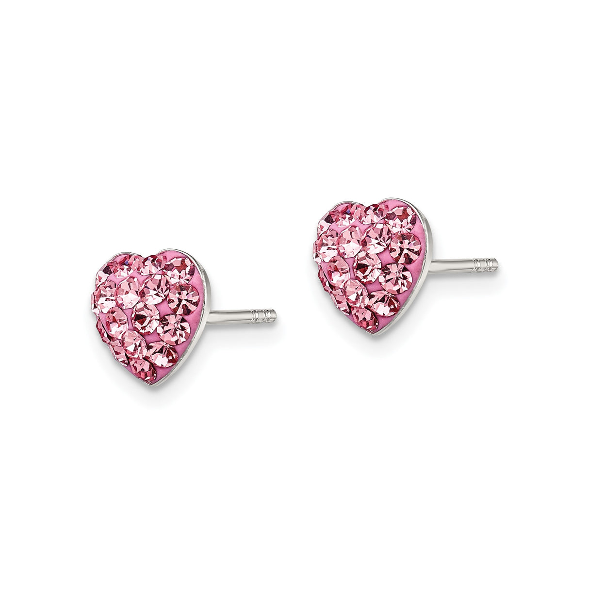 Sterling Silver Heart Shaped Stud Earrings with Pink Crystal Accents, Polished Finish