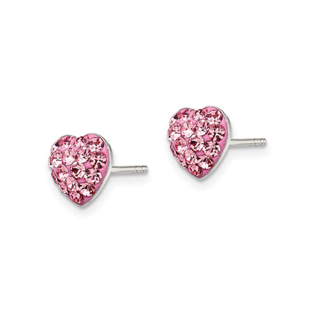 Sterling Silver Heart Shaped Stud Earrings with Pink Crystal Accents, Polished Finish