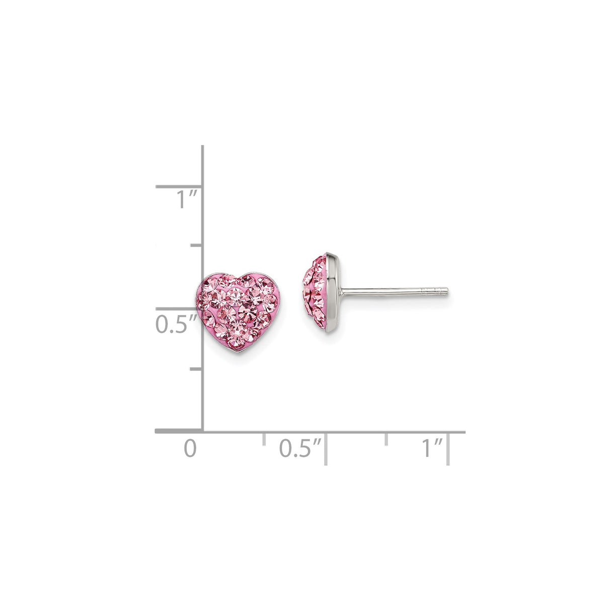 Sterling Silver Heart Shaped Stud Earrings with Pink Crystal Accents, Polished Finish