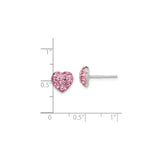 Sterling Silver Heart Shaped Stud Earrings with Pink Crystal Accents, Polished Finish