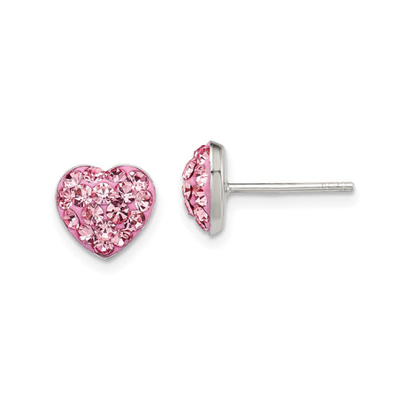 Sterling Silver Heart Shaped Stud Earrings with Pink Crystal Accents, Polished Finish