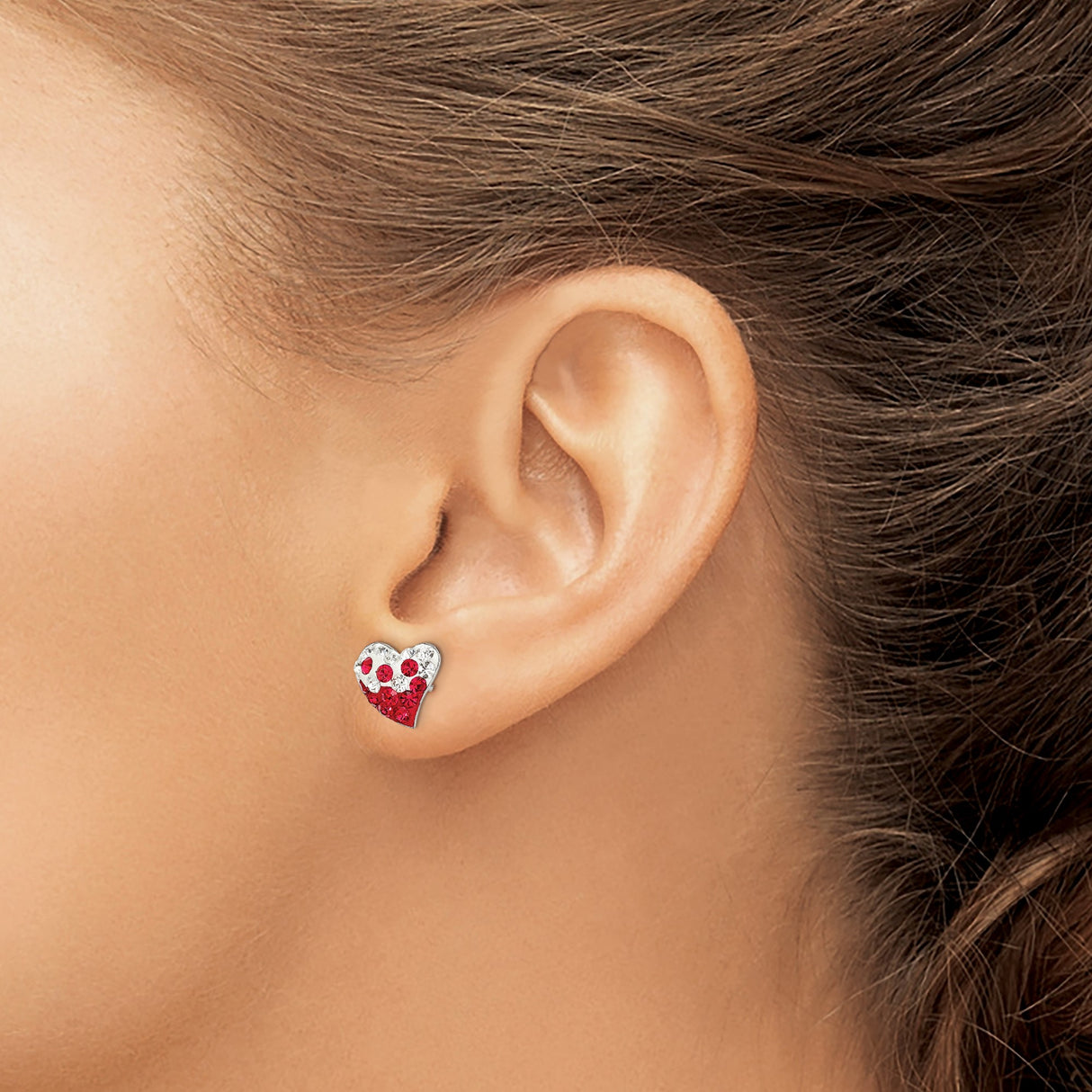 Sterling Silver Heart Shaped Stud Earrings with Red and Clear Crystals, Romantic Jewelry for Women