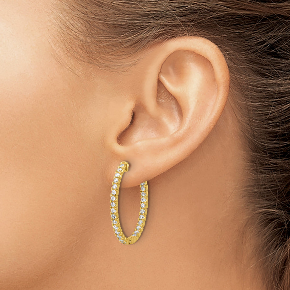 Sterling Silver Gold Plated Oval Hoop Earrings with Cubic Zirconia, Hinged Latch Design