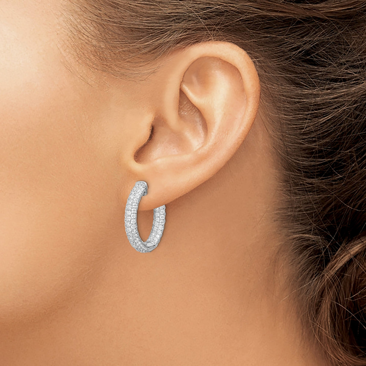 Sterling Silver Hoop Earrings with Triple Row Cubic Zirconia and Sparkling Interior Detail