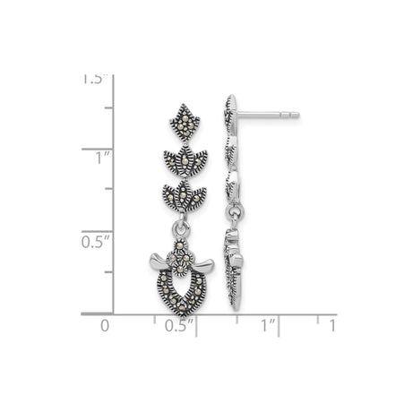 Sterling Silver Drop Earrings with Marcasite, Vintage Floral and Leaf Design