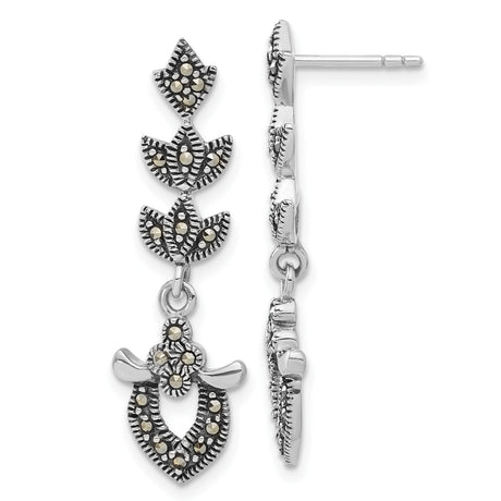 Sterling Silver Drop Earrings with Marcasite, Vintage Floral and Leaf Design