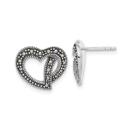 Sterling Silver Heart Shaped Stud Earrings with Marcasite Accents, Intertwined Open Heart Design