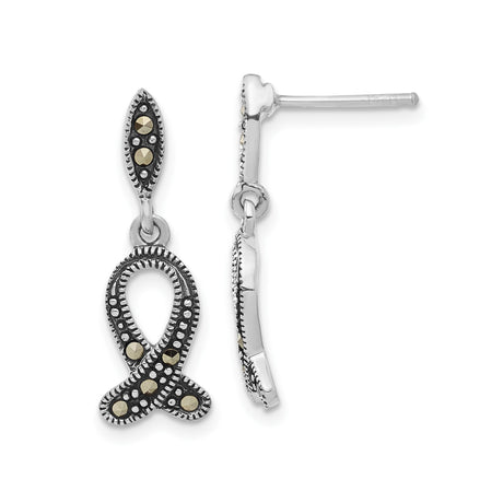 Sterling Silver Awareness Ribbon Dangle Earrings with Marcasite, Vintage Style