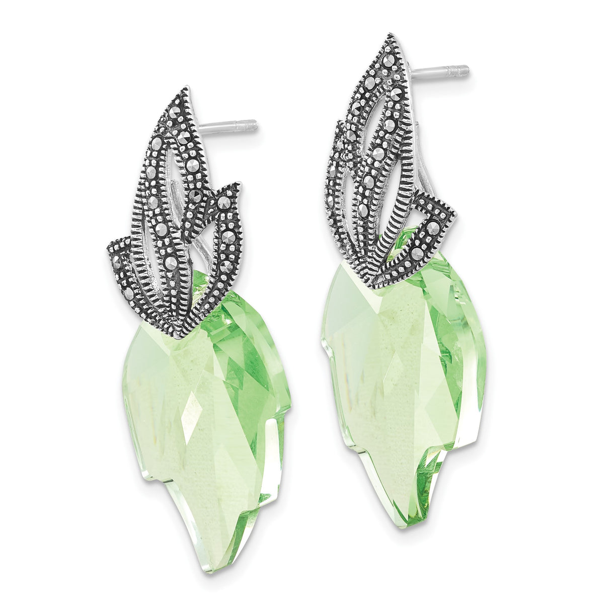 Sterling Silver Drop Earrings with Green Crystal and Marcasite, Leaf Motif, Art Nouveau Style