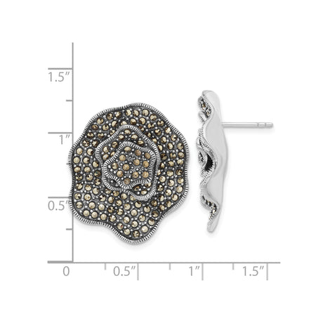 Sterling Silver Floral Stud Earrings with Marcasite Accents, Vintage Layered Petal Design