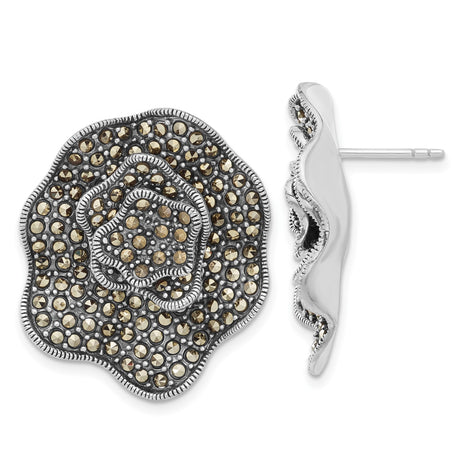 Sterling Silver Floral Stud Earrings with Marcasite Accents, Vintage Layered Petal Design