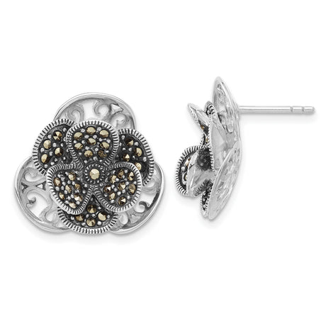 Sterling Silver Floral Stud Earrings with Marcasite, Vintage Filigree Flower Design