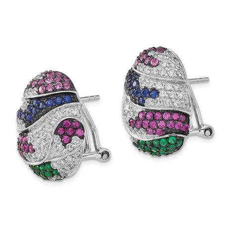 Sterling Silver Clip-On Earrings with Cubic Zirconia and Lab Created Ruby, Curved Statement Design