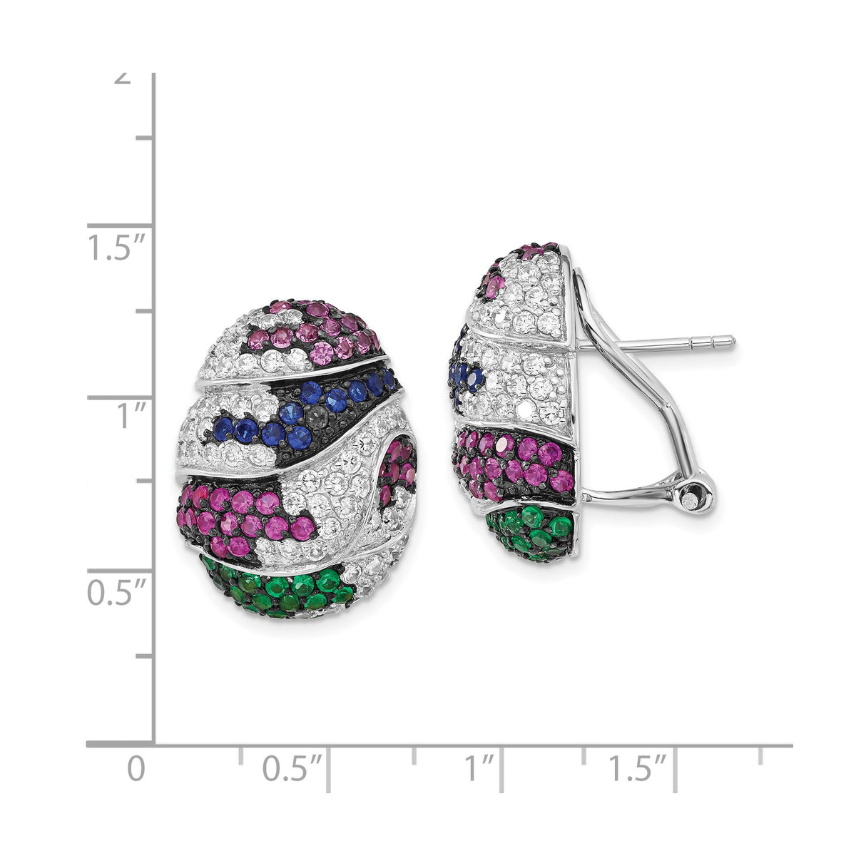 Sterling Silver Clip-On Earrings with Cubic Zirconia and Lab Created Ruby, Curved Statement Design